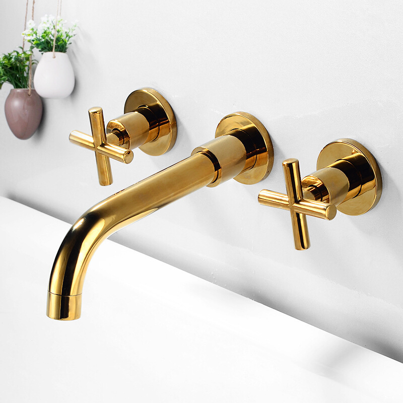 Bronze brass material double cross handle three hole wall mounted bathroom sink basin faucets