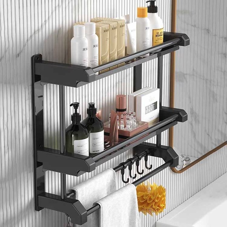 Modern stainless steel 3 tiers black towel rack bathroom shelf wall mounted shower caddy