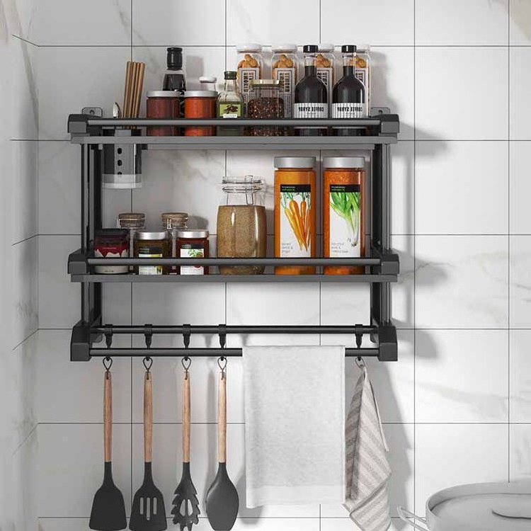 Modern stainless steel 3 tiers black towel rack bathroom shelf wall mounted shower caddy