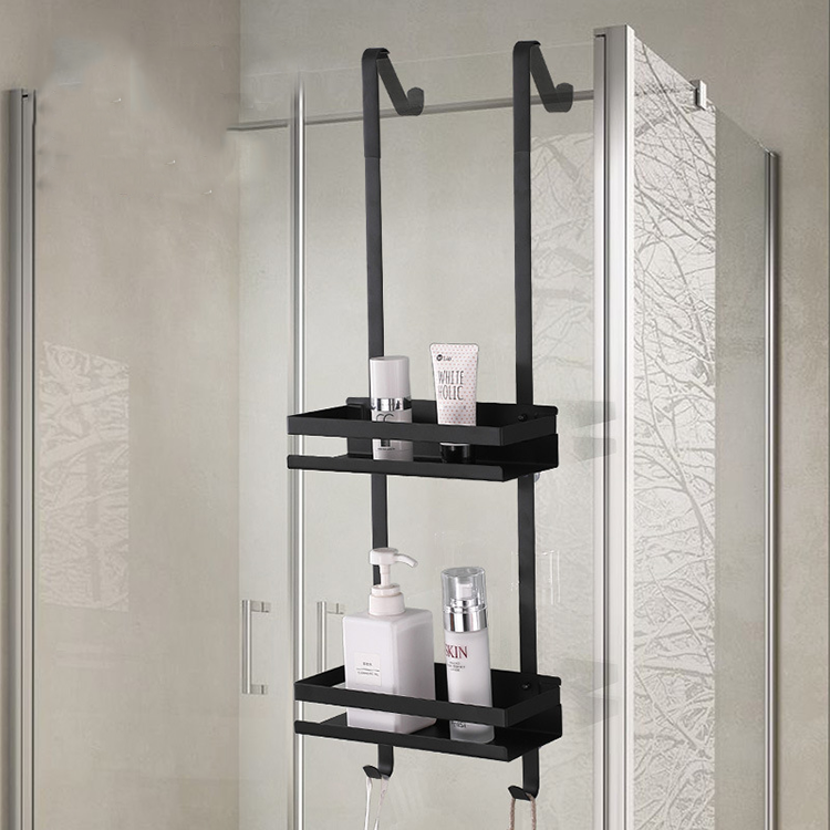 Factory Direct Sell Nail-free Wall Mounted Black Dual Tier Bathroom Shower Shelf Stainless Steel Double Deck Storage rack