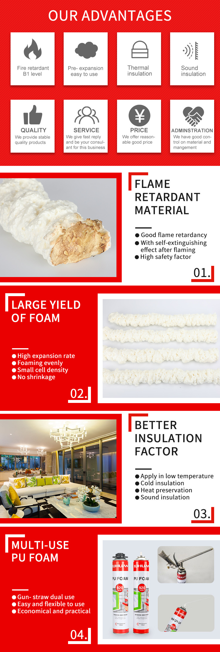 [JUHUAN] Closed Cell Foam Expanding Foam Good Hardness Gap Filling Spray Pu Polyurethane Foam