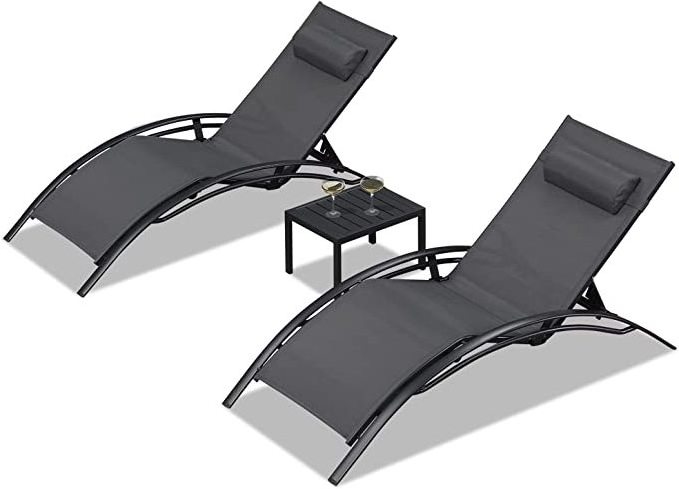 Patio Chaise Lounge Set of 3 Outdoor Lounge Chair Lounger Recliner Chairs with Arm for All Weather, Side Table Included