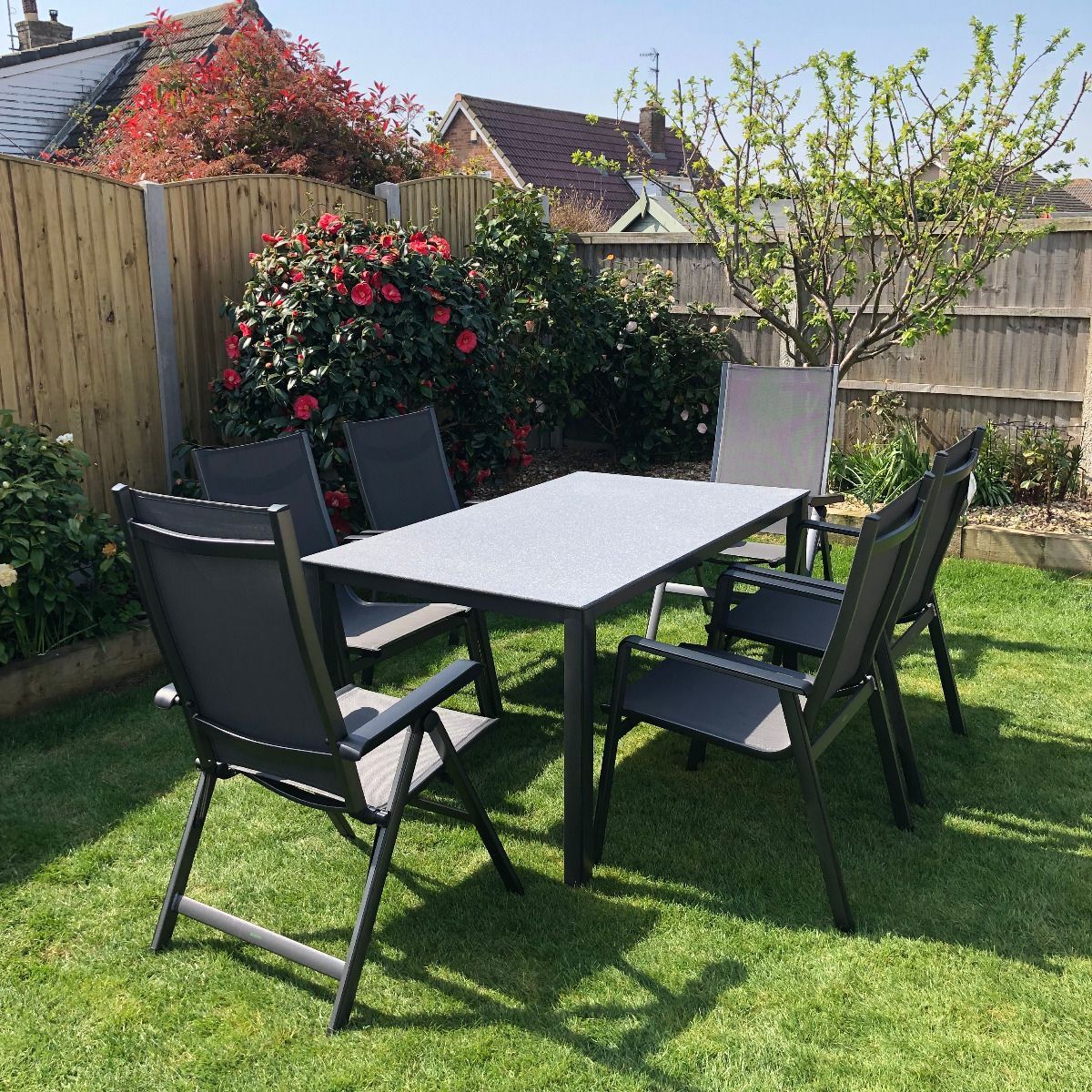 High Quality Aluminium 6 Seater Rectangular Garden Set Anthracite with 4 stacking chairs and 2 folding chairs