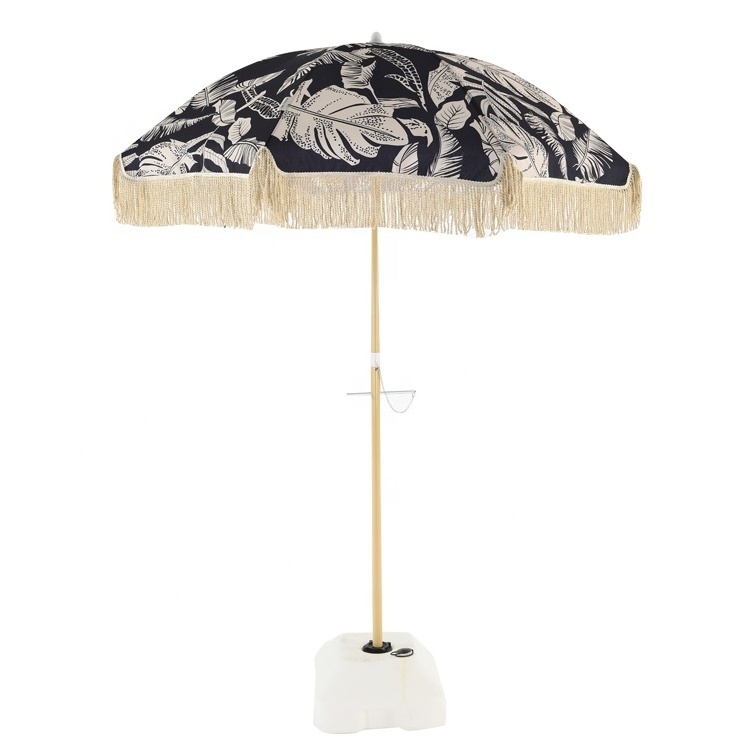 Factory Sell Outdoor Tassel Umbrella UPF50+ Wood Color Steel Pole and Steel Ribs Push Button Tilt Navy Blue Stripes