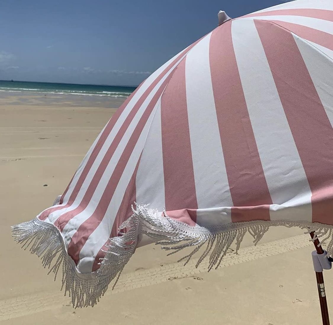 Pink and White stripe Chic Prints & Cute Fringe-Sturdy Premium Steel Pole Easy to Use & Carry  Tassel Parasol