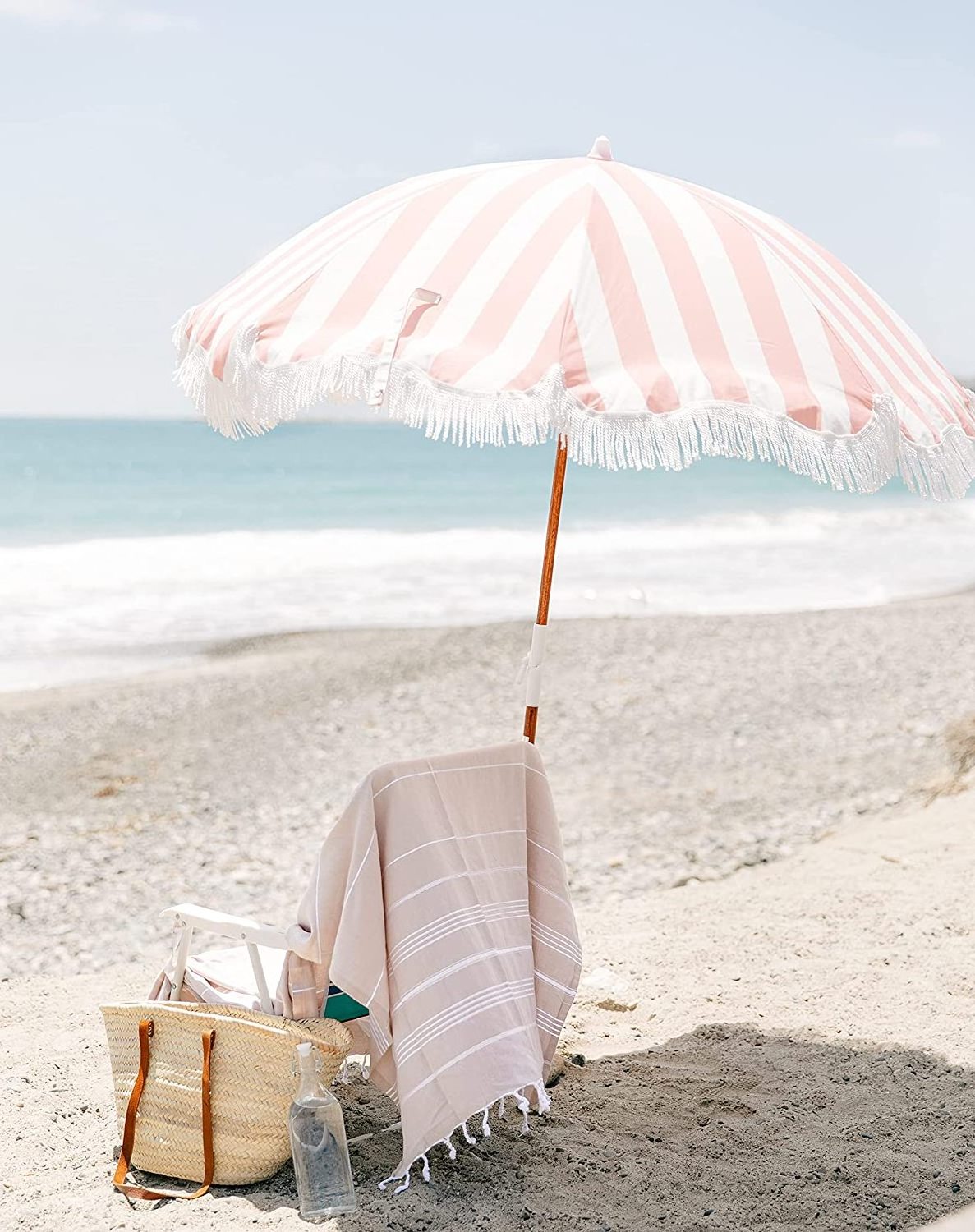 Pink and White stripe Chic Prints & Cute Fringe-Sturdy Premium Steel Pole Easy to Use & Carry  Tassel Parasol