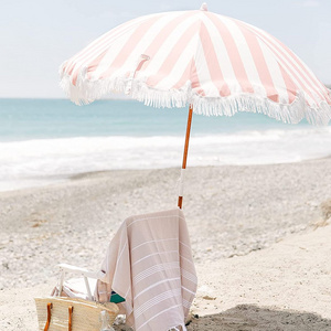 Pink and White stripe Chic Prints & Cute Fringe-Sturdy Premium Steel Pole Easy to Use & Carry  Tassel Parasol