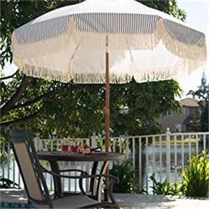 UPF50+ Wood Color Steel Pole and Steel Ribs Push Button Tilt - Navy Blue Stripes Outdoor Tassel Umbrella