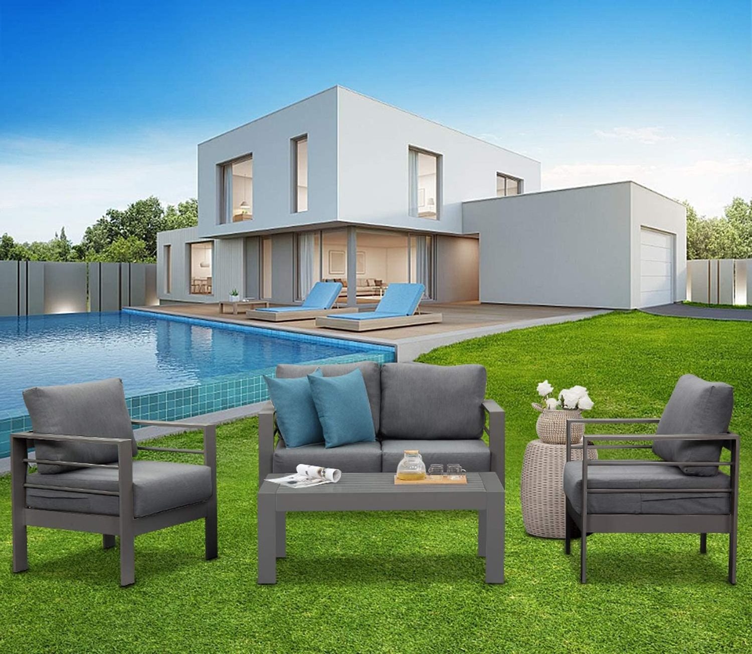 High Fashion Aluminum Sofa Chairs Set Modern Living Room Patio Furniture with Cushion for Outdoor Indoor