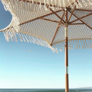 Good Quality Crochet Patio Wooden Umbrella Handmade Cotton Tassels 2.5m Parasol Macrame Ropes Open Umbrella With Fringe