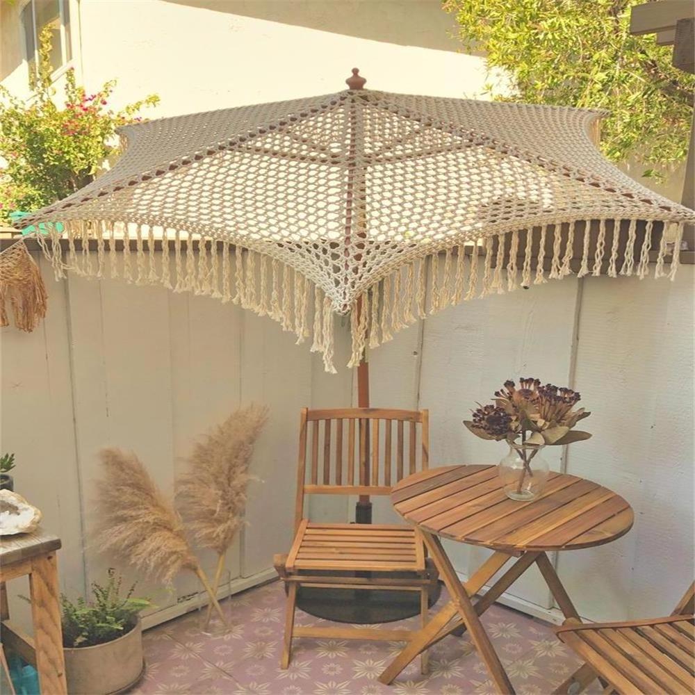 Luxury Crochet Patio Wooden Umbrella Handmade Cotton Tassels 2.5m Parasol Macrame Ropes Open Umbrella With Fringe