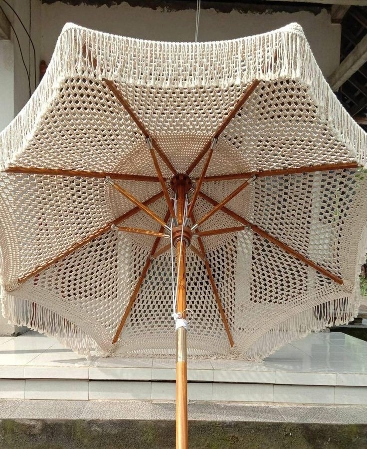 Luxury Crochet Patio Wooden Umbrella Handmade Cotton Tassels 2.5m Parasol Macrame Ropes Open Umbrella With Fringe