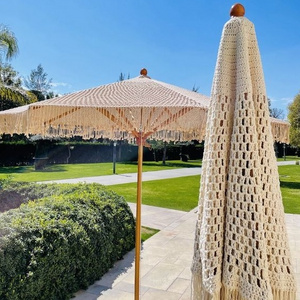 New Design Customized Shandmade Tassels Woven Canopy Parasols With Macrame Fringe Wooden Beach Umbrella