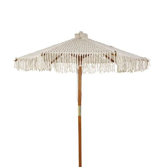 New Design Customized Shandmade Tassels Woven Canopy Parasols With Macrame Fringe Wooden Beach Umbrella