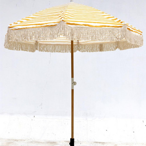 Outdoor Luxury Vintage Fiber Glass Rib & Imported Beach Parasol Tassel Umbrella with Tassels Waterproof