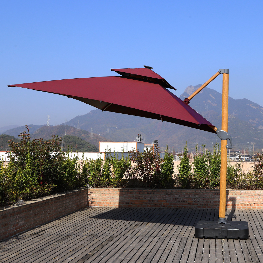 Aluminum pole material and aluminum 360 degree hanging cantilever offset patio roman umbrella base