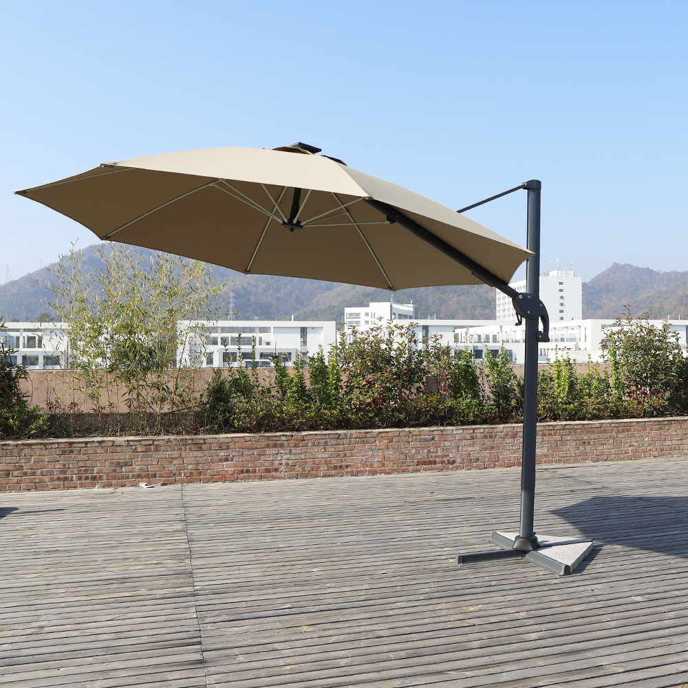 3m solar powered led outdoor cantilever hanging  Cafe parasol stand 360 rotation roma umbrella