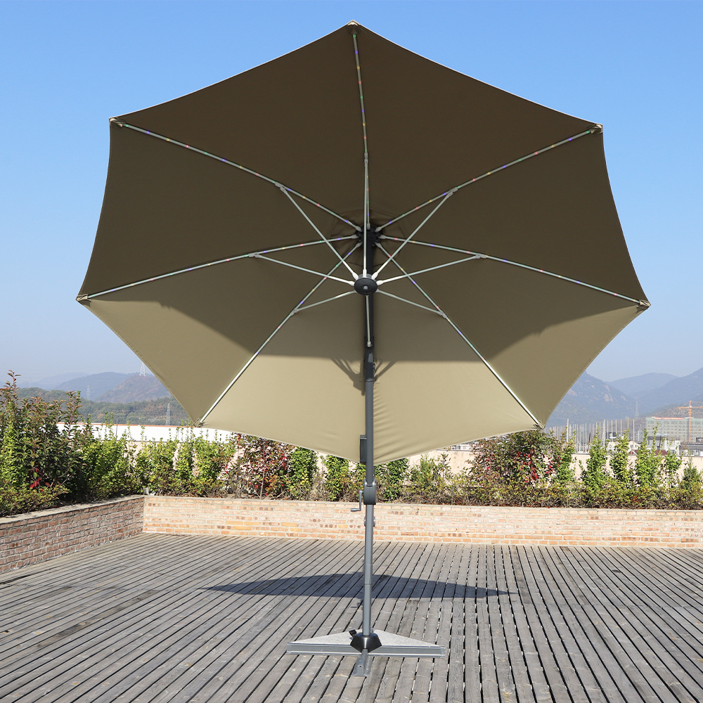 3m solar powered led outdoor cantilever hanging  Cafe parasol stand 360 rotation roma umbrella