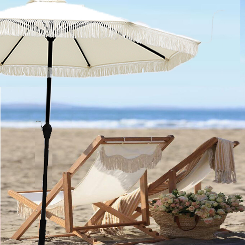 Outdoor Sun Shade White Parasol Beach Garden Umbrella with Tassels New Design Luxury Solid Color