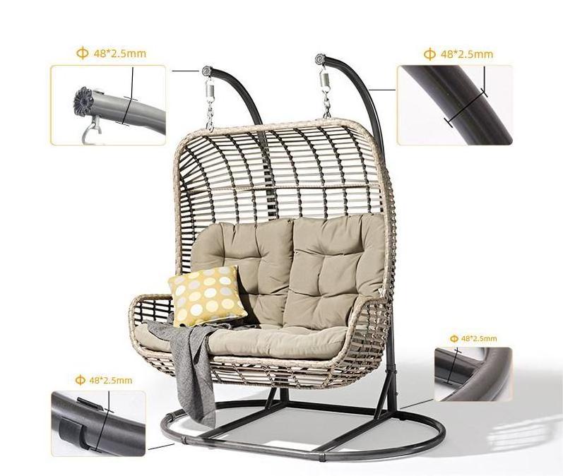 High Quality Two Persons Hanging Egg Chair Double Seats Patio Rattan Wicker Swing Chair With Stand Base