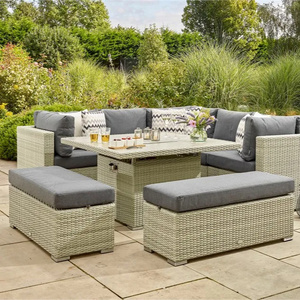 Dark Grey Wicker Rattan Set Rattan Corner Sofa With Square Firepit Table And 2 Benches Modular Sofa Sectional