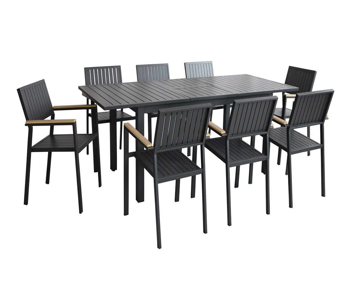 Patio Furniture Aluminium 9 Piece Dining Setting Extendable Table and Stacking Chairs Black