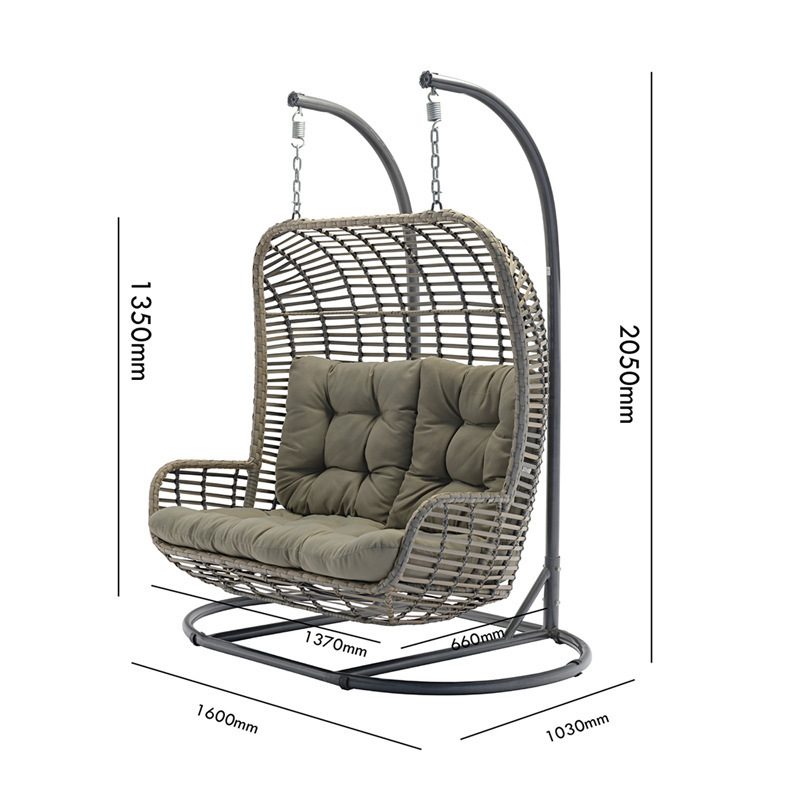 High Quality Two Persons Hanging Egg Chair Double Seats Patio Rattan Wicker Swing Chair With Stand Base