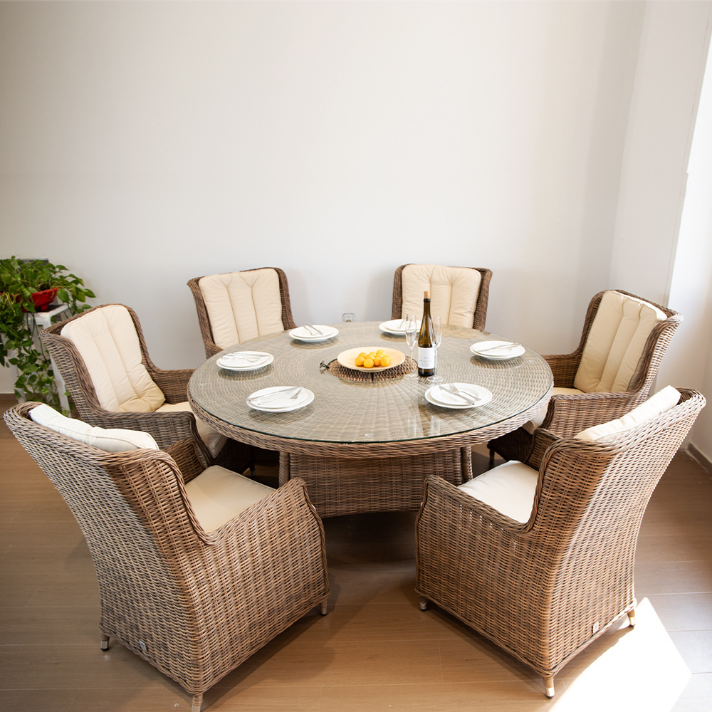 Wholesale Garden Brown Round Dining Table Set With 6 Armchairs Chinese Patio Brown Wicker Rattan Outdoor Furniture