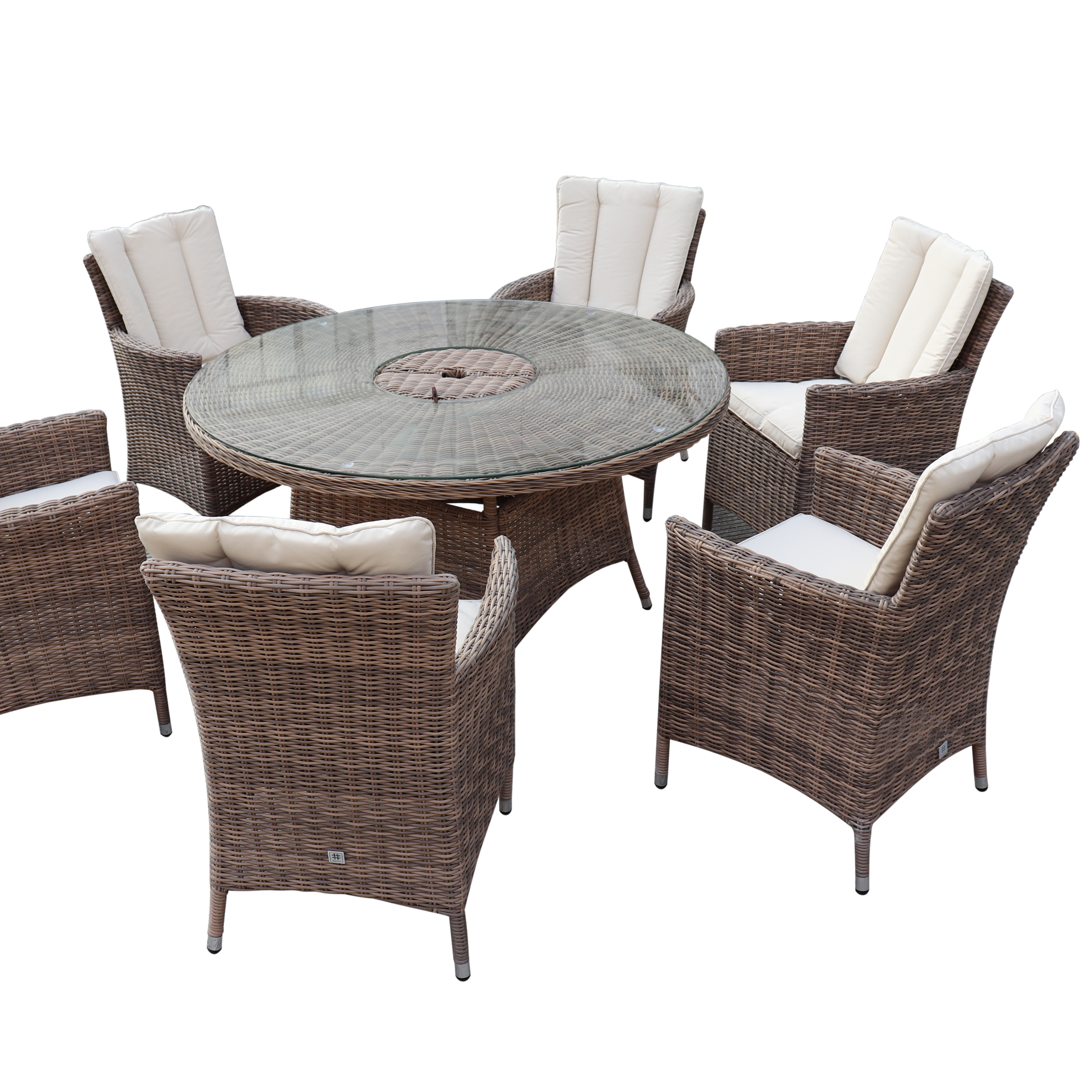 Wholesale Garden Brown Round Dining Table Set With 6 Armchairs Chinese Patio Brown Wicker Rattan Outdoor Furniture