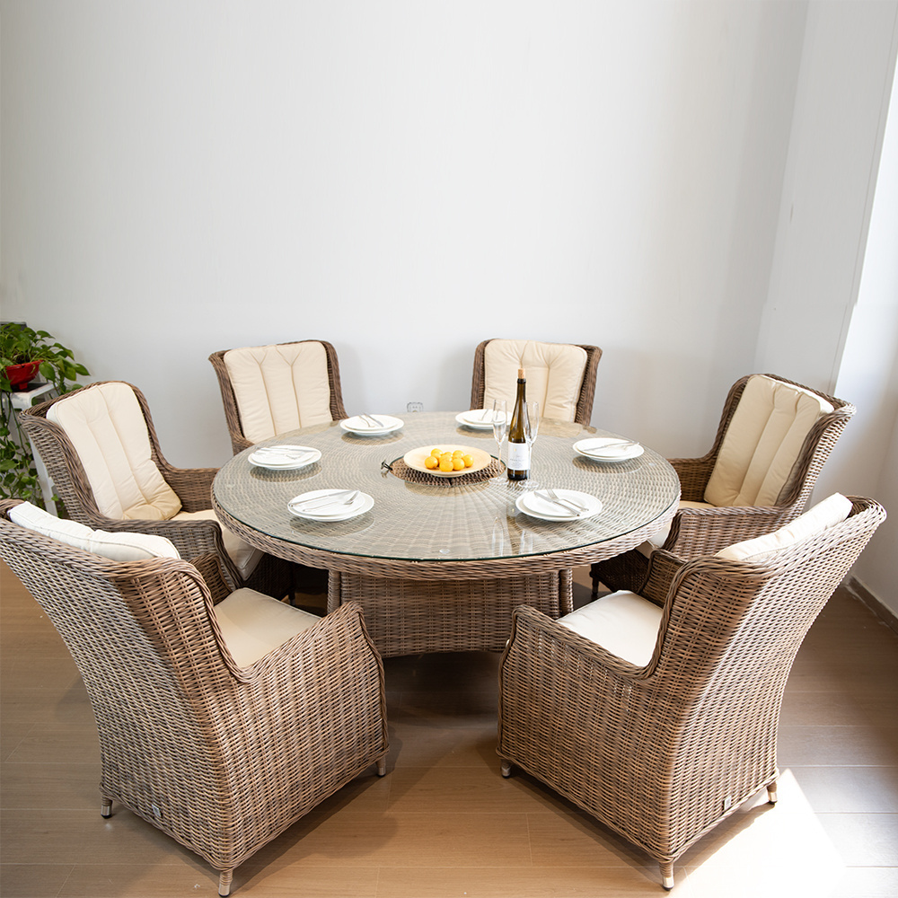 Wholesale Garden Brown Round Dining Table Set With 6 Armchairs Chinese Patio Brown Wicker Rattan Outdoor Furniture