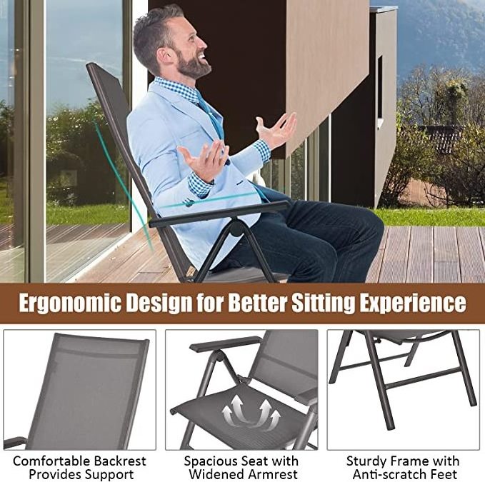 Set of 2 Patio Chairs Folding Lawn Chairs 2 Pack Outdoor Sling Chairs 7 Level Adjustable Backrest Aluminum Frame