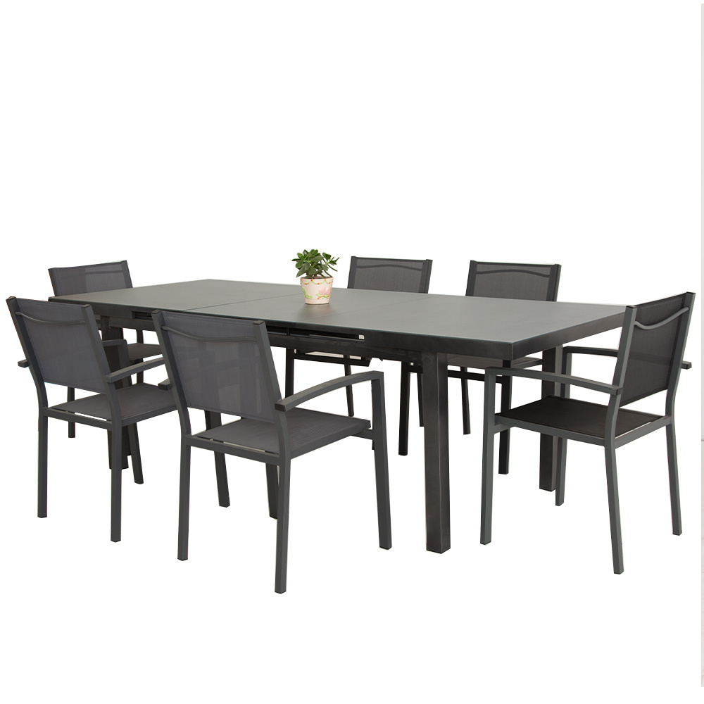 Customized Made In China Modern Dining Table Extension Table And 6 Chairs Set Glass Table Top Easy To Clean Outdoor