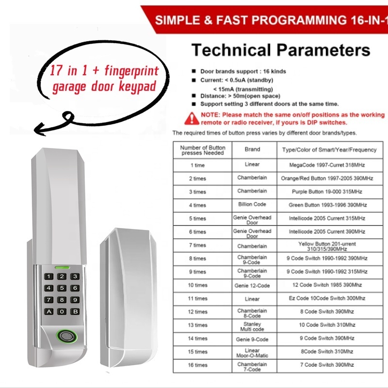 garage door fingerprint keypad 280-870mhz multi frequency multi  remote control