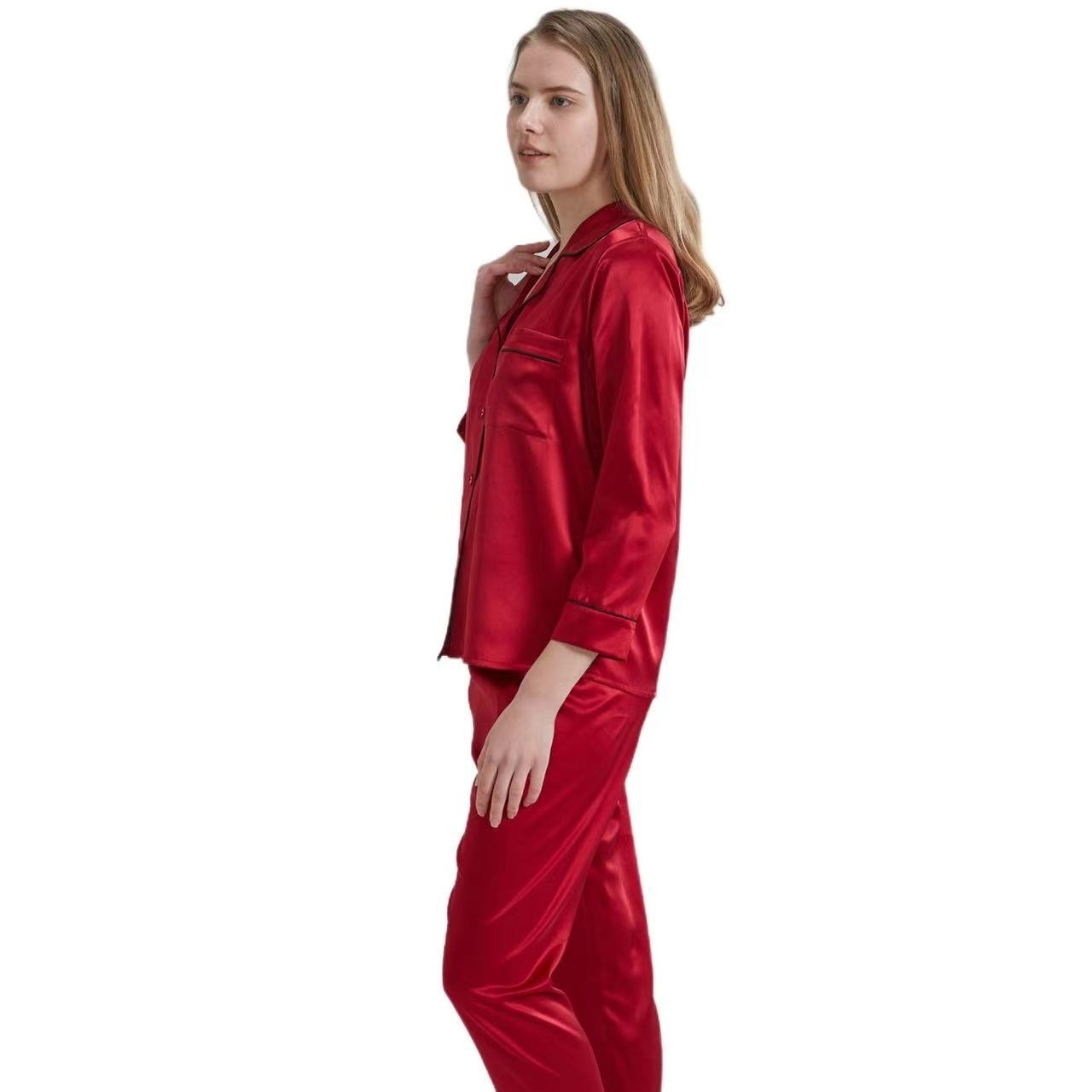 100% Silk  Satin Long Sleeve Shirt & Pants Silk Pajamas for Women 19momme silk shirt sleepwear