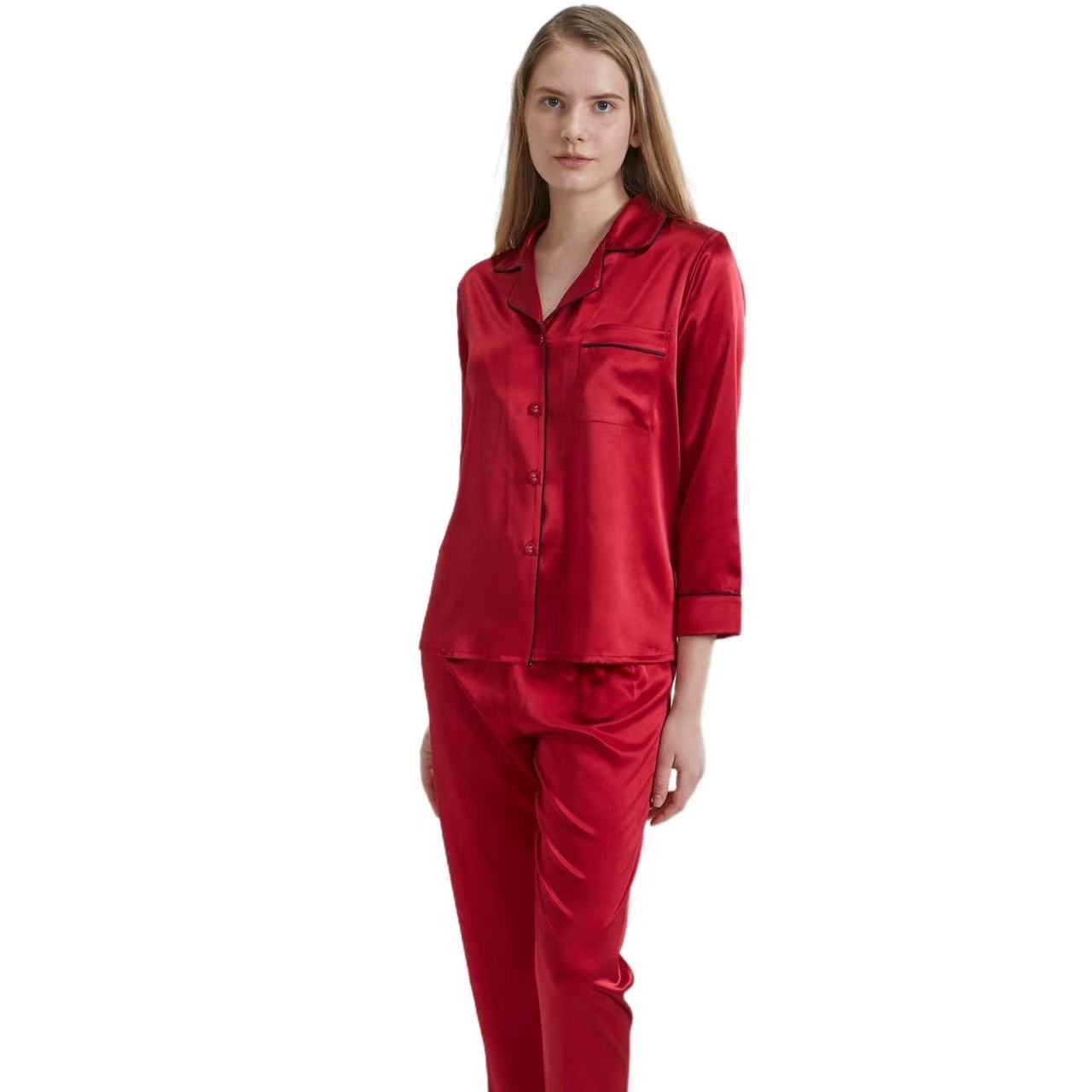 100% Silk  Satin Long Sleeve Shirt & Pants Silk Pajamas for Women 19momme silk shirt sleepwear