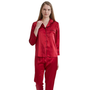 100% Silk  Satin Long Sleeve Shirt & Pants Silk Pajamas for Women 19momme silk shirt sleepwear