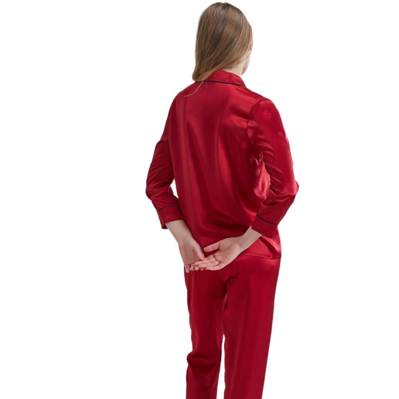 100% Silk  Satin Long Sleeve Shirt & Pants Silk Pajamas for Women 19momme silk shirt sleepwear