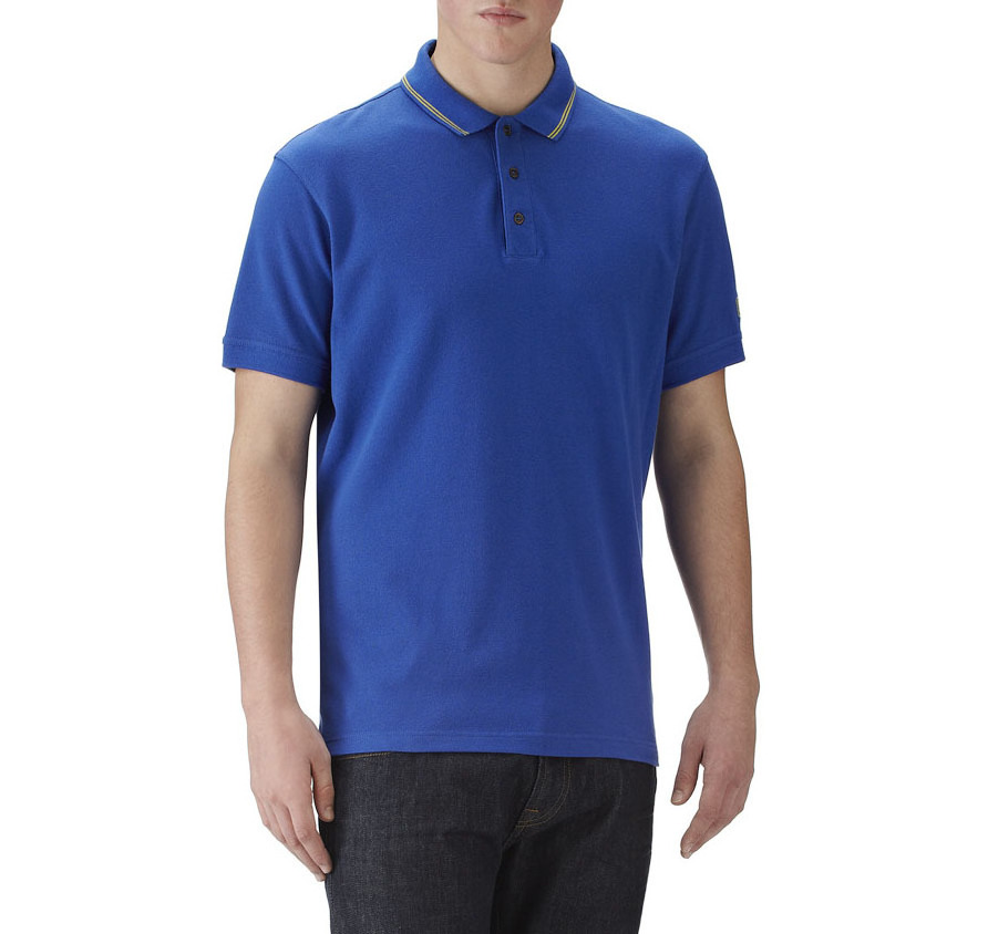 plain blue polo shirt with yellow stripe collar