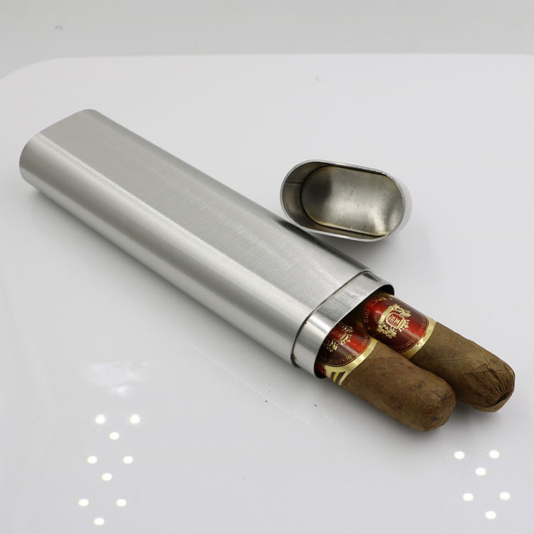 JUJI High Quality Portable Custom Silver Stainless Steel Travel Cigar Tubes Metal Double Pack Stock Container Holder Cigar Tube