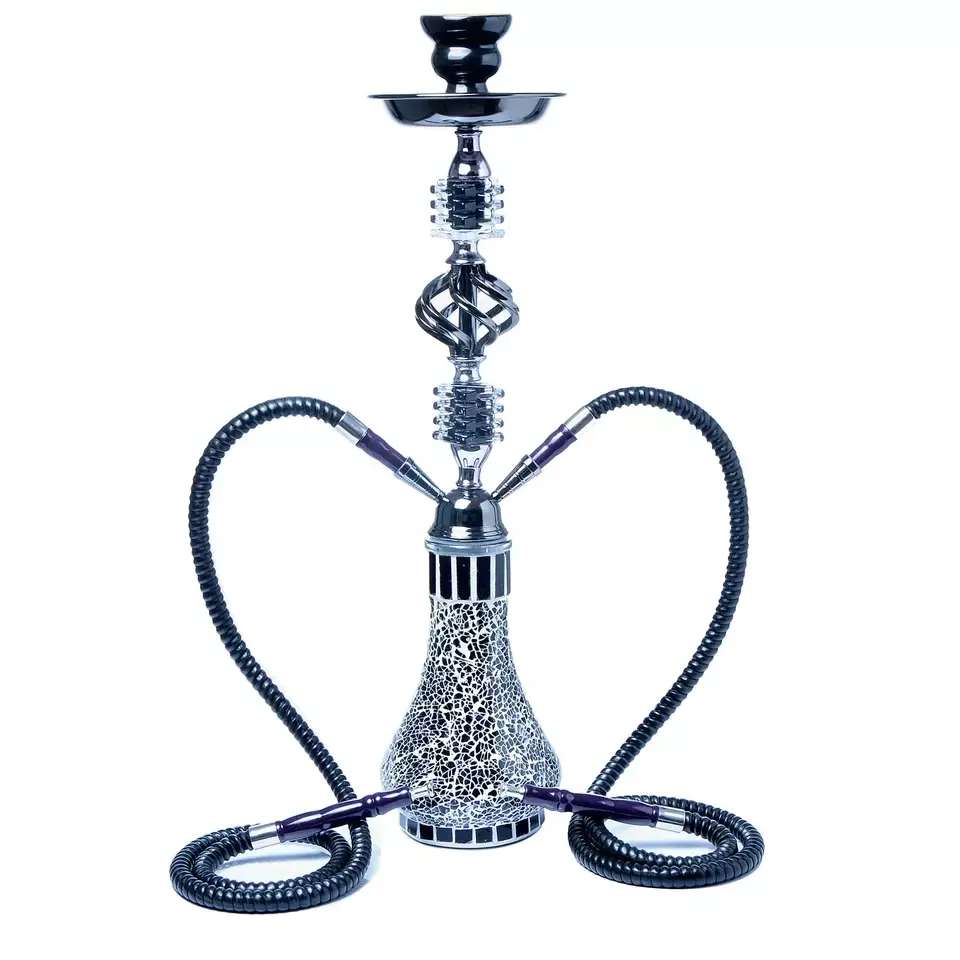 JUJI High Quality Double-hose Shisha Set Stainless Steel Holder Ceramic Bowl Narguile Hubbly Bubbly Hookah Elegant Glass Hookah