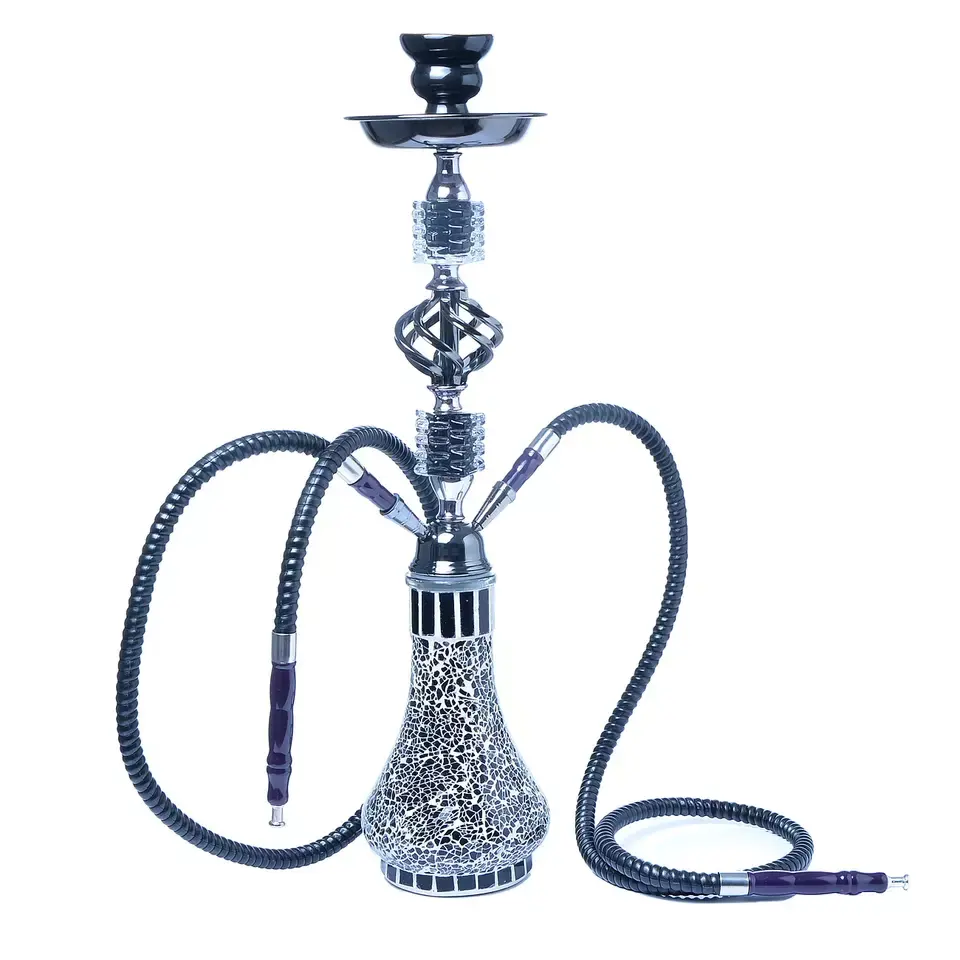 JUJI High Quality Double-hose Shisha Set Stainless Steel Holder Ceramic Bowl Narguile Hubbly Bubbly Hookah Elegant Glass Hookah