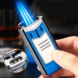 Juji 2022 Custom LOGO portable 3 jet flame lighter refillable windproof butane gas lighter for cigar