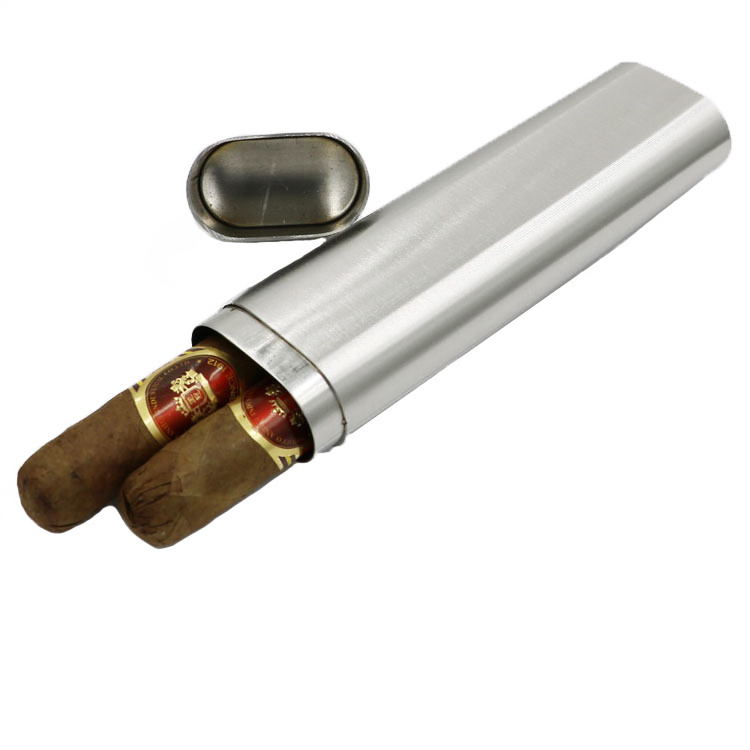 JUJI High Quality Portable Custom Silver Stainless Steel Travel Cigar Tubes Metal Double Pack Stock Container Holder Cigar Tube