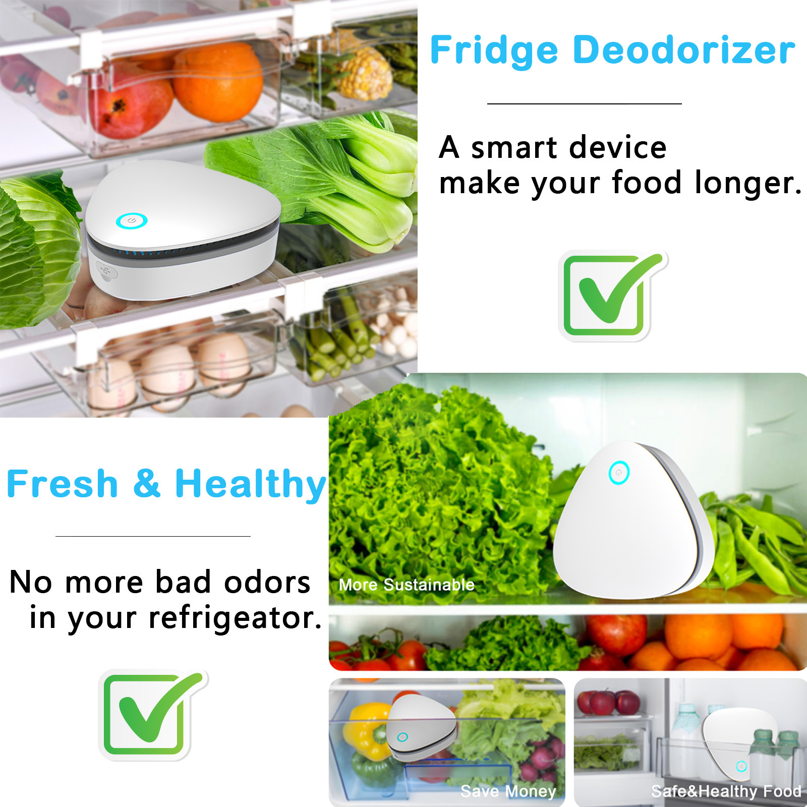 Refrigerator Air Purifier, Rechargeable Fridge Deodorizer with 1800mAh Battery, Remove Bad Odors, Car, Shoe Kitchen Cabinet