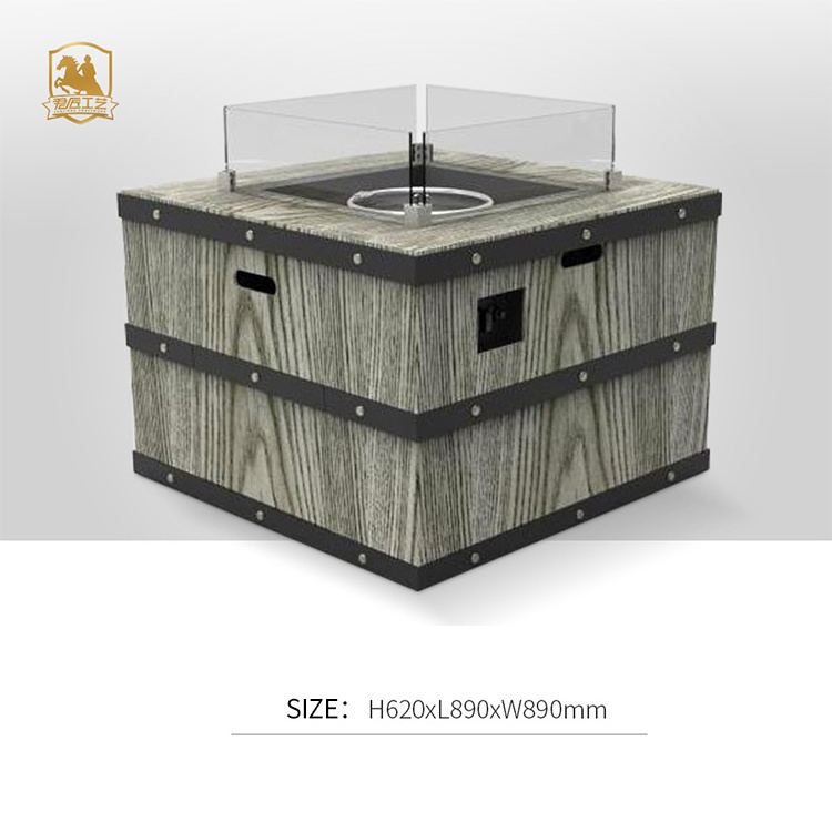 outdoor garden decorate Wood grain square gas fire pit table with glass cover