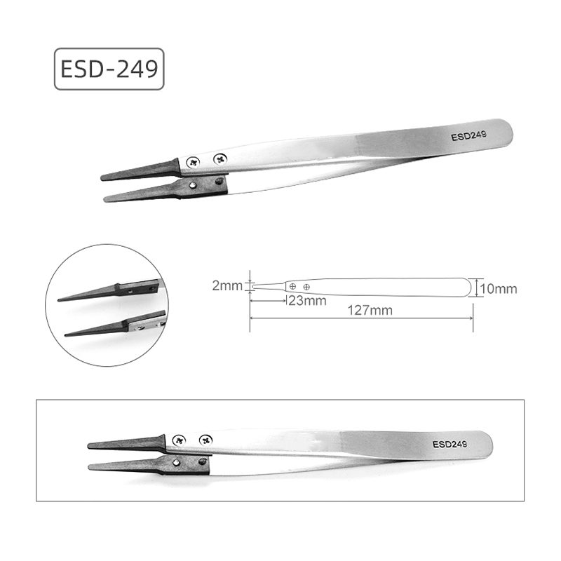 JEJOR 130mm Silver Carbon Fiber Stainless Steel Head-Changed ESD 249 Silver Antistatic Tweezers