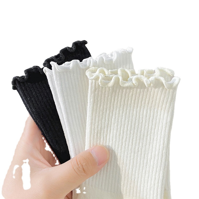 White Cotton Lettuce Trim Ruffle Slouch Seamless Crew Socks for Kids Girls School Uniform