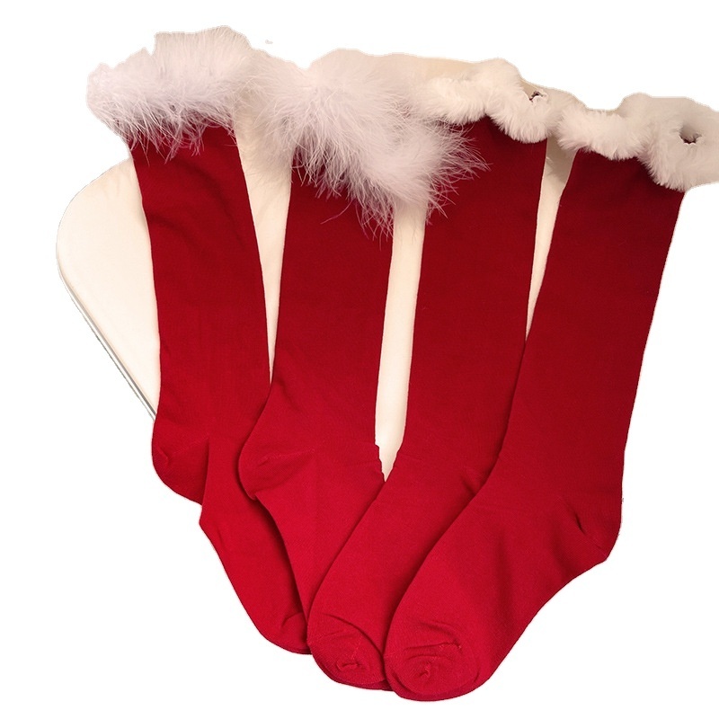 Ladies fashion cotton socks Christmas New Year feather midtube socks red calf pile socks