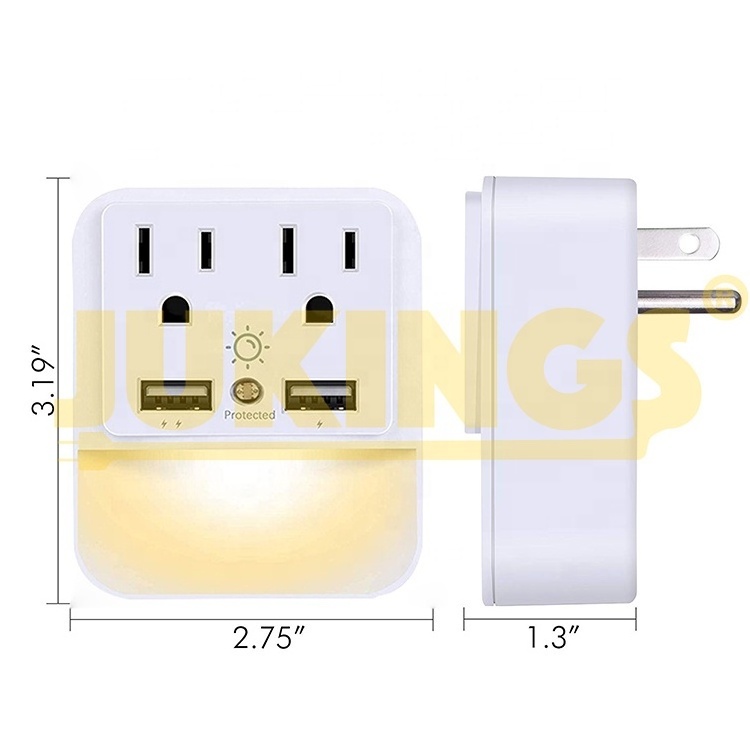 2 usb 2 wall outlet extender surge protected current tap with  sensor led night light  125V Rated 15A US Wall Plug