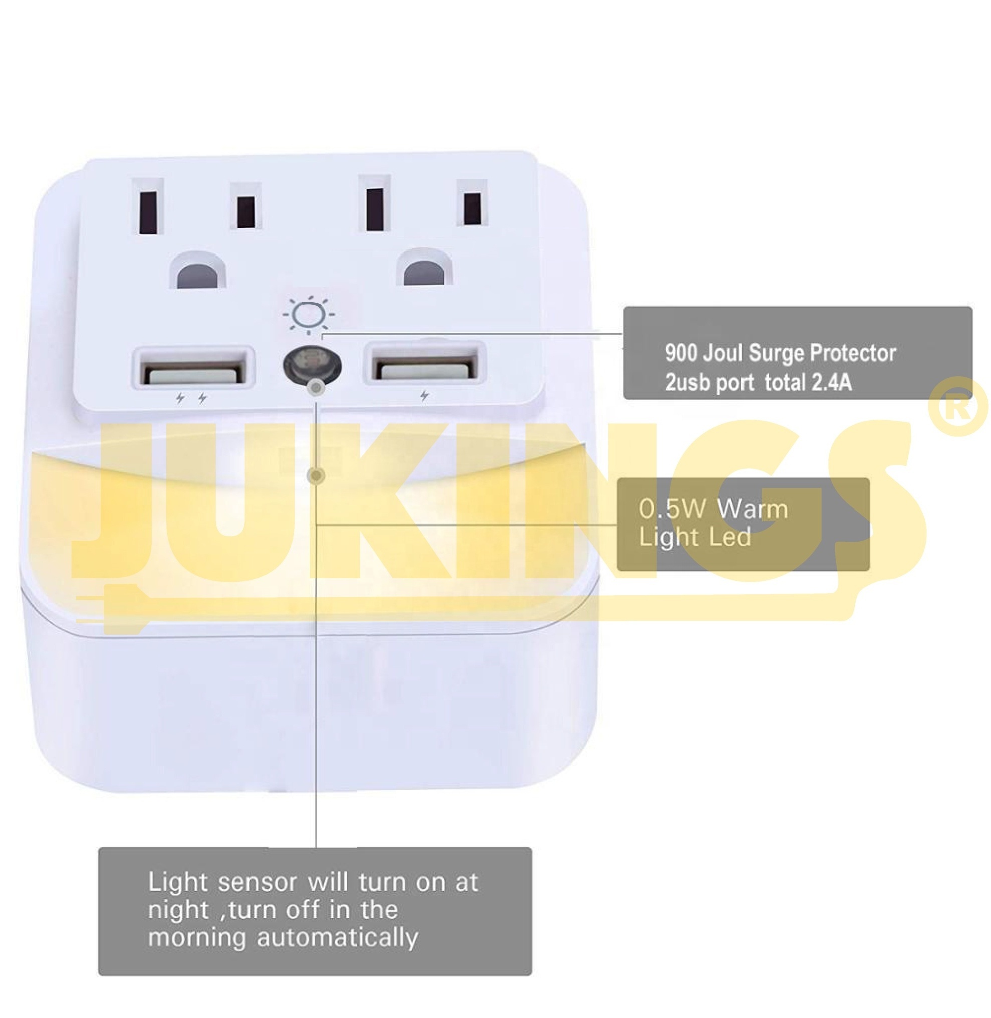 2 usb 2 wall outlet extender surge protected current tap with  sensor led night light  125V Rated 15A US Wall Plug